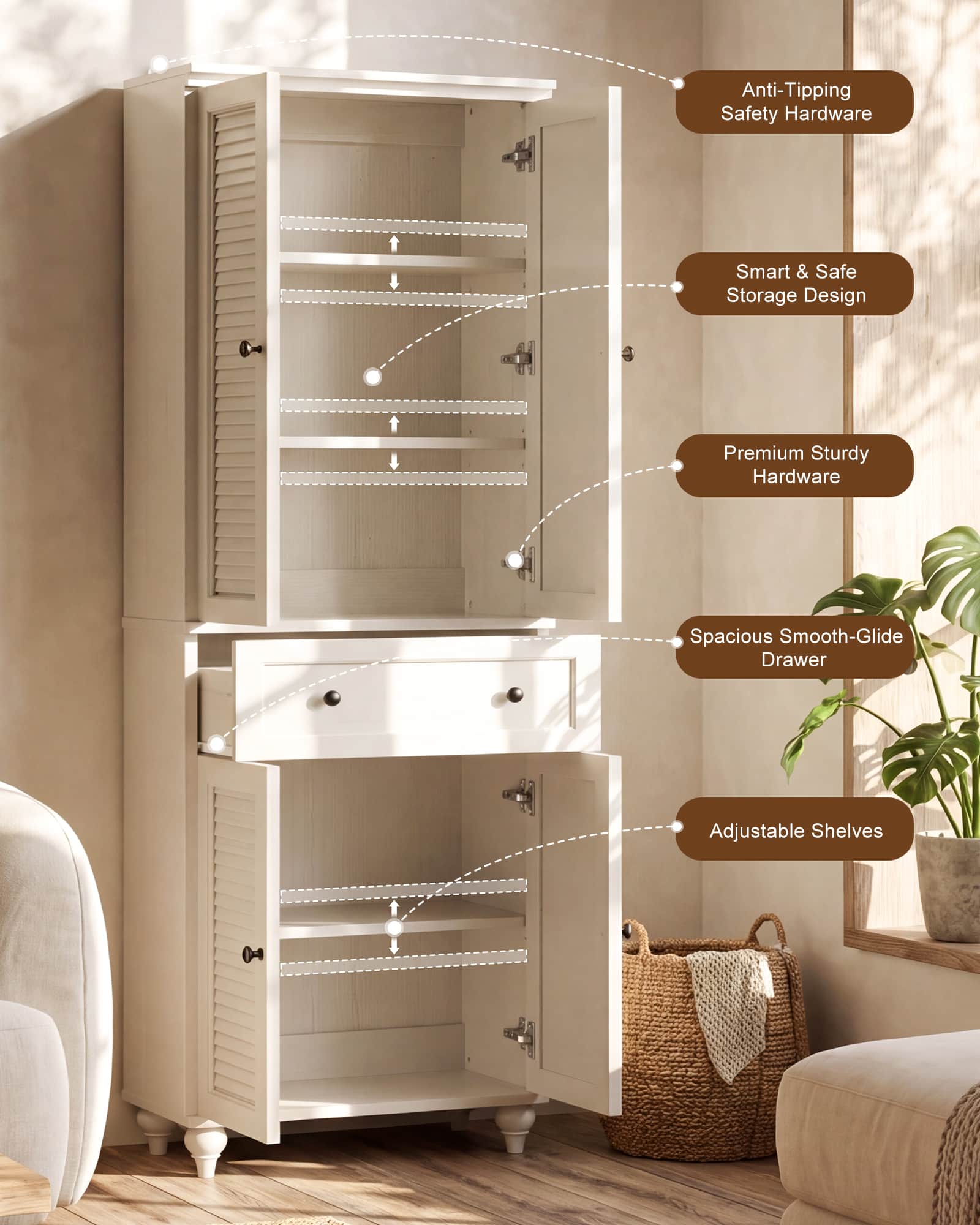 80" Tall Storage Cabinet with Louvered Doors and Adjustable Shelves