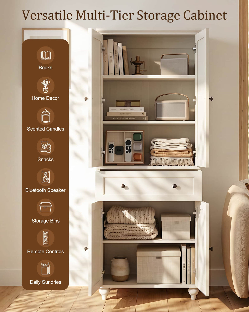 80" Tall Storage Cabinet with Louvered Doors and Adjustable Shelves