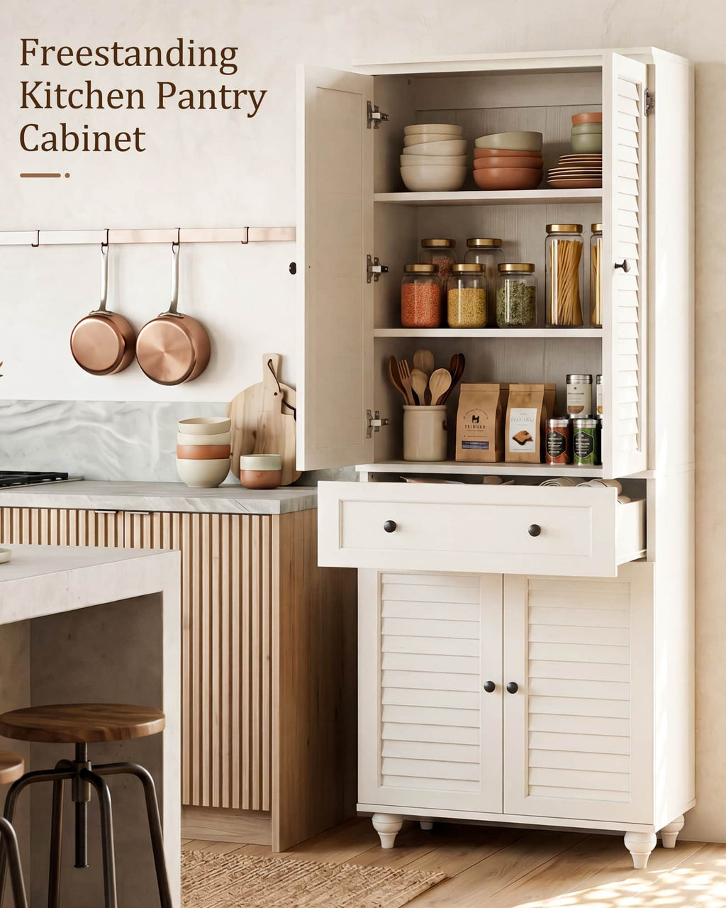80" Tall Storage Cabinet with Louvered Doors and Adjustable Shelves