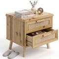 19" Rattan Nightstand Solid Wood with 2 Drawers, Compact Boho Bedside Table, Wood End Table for Bedroom
