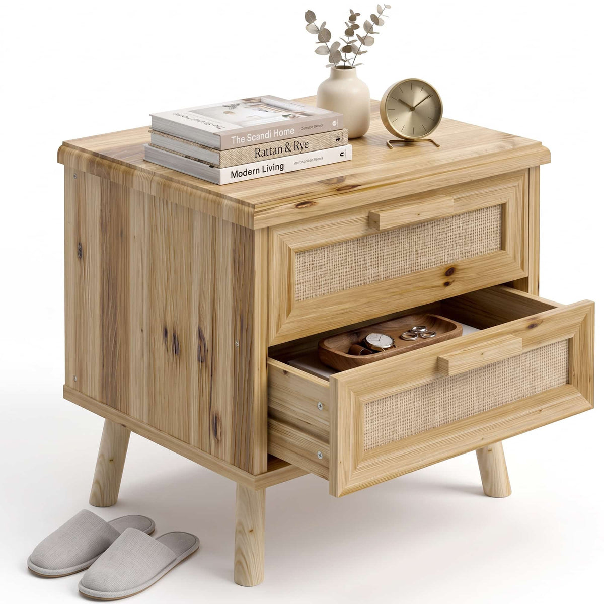 19" Rattan Nightstand Solid Wood with 2 Drawers, Compact Boho Bedside Table, Wood End Table for Bedroom