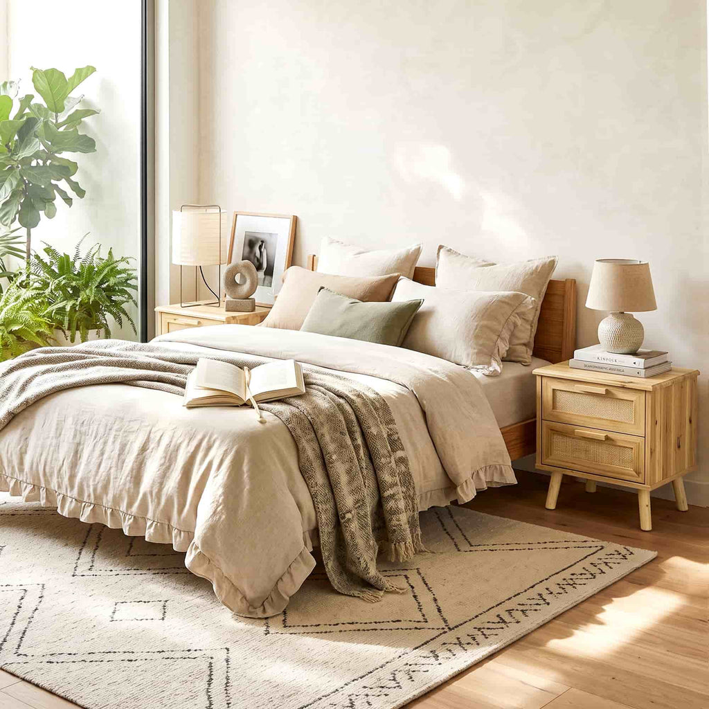 19" Rattan Nightstand Solid Wood with 2 Drawers, Compact Boho Bedside Table, Wood End Table for Bedroom