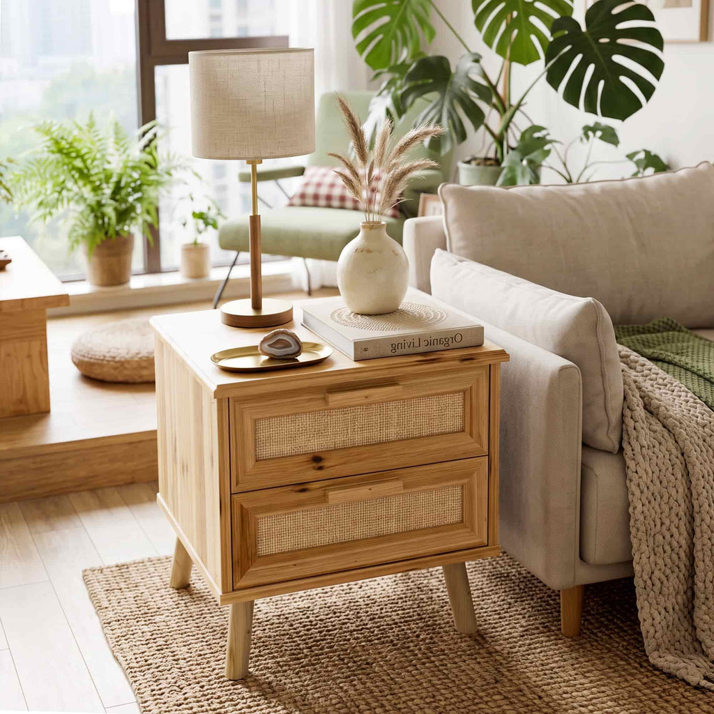 19" Rattan Nightstand Solid Wood with 2 Drawers, Compact Boho Bedside Table, Wood End Table for Bedroom