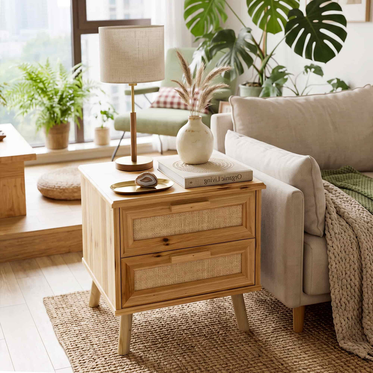 19" Rattan Nightstand Solid Wood with 2 Drawers, Compact Boho Bedside Table, Wood End Table for Bedroom