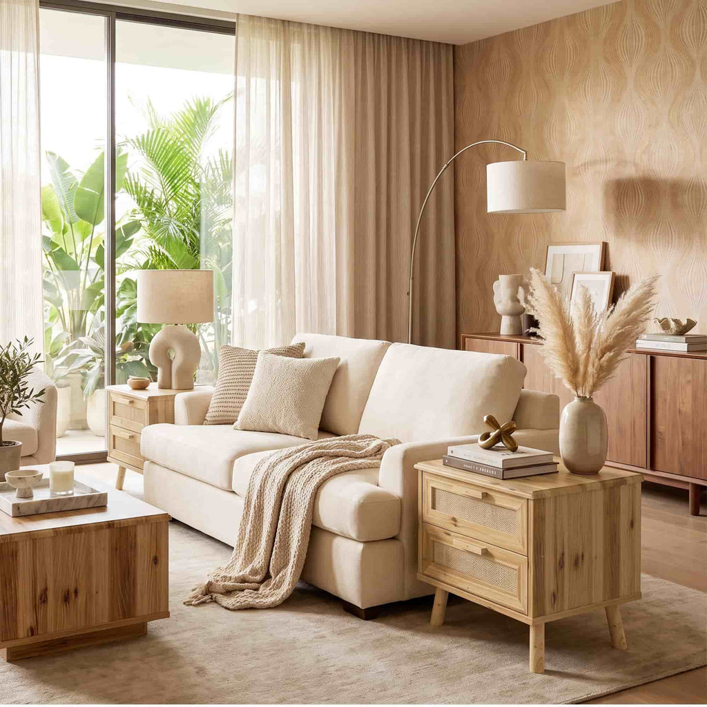 19" Rattan Nightstand Solid Wood with 2 Drawers, Compact Boho Bedside Table, Wood End Table for Bedroom
