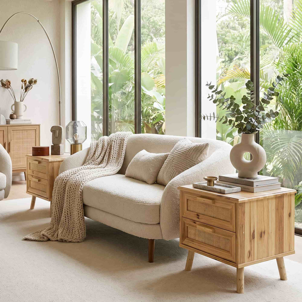 19" Rattan Nightstand Solid Wood with 2 Drawers, Compact Boho Bedside Table, Wood End Table for Bedroom