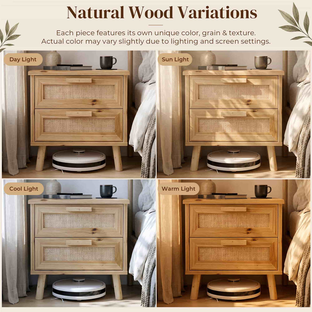 19" Rattan Nightstand Solid Wood with 2 Drawers, Compact Boho Bedside Table, Wood End Table for Bedroom