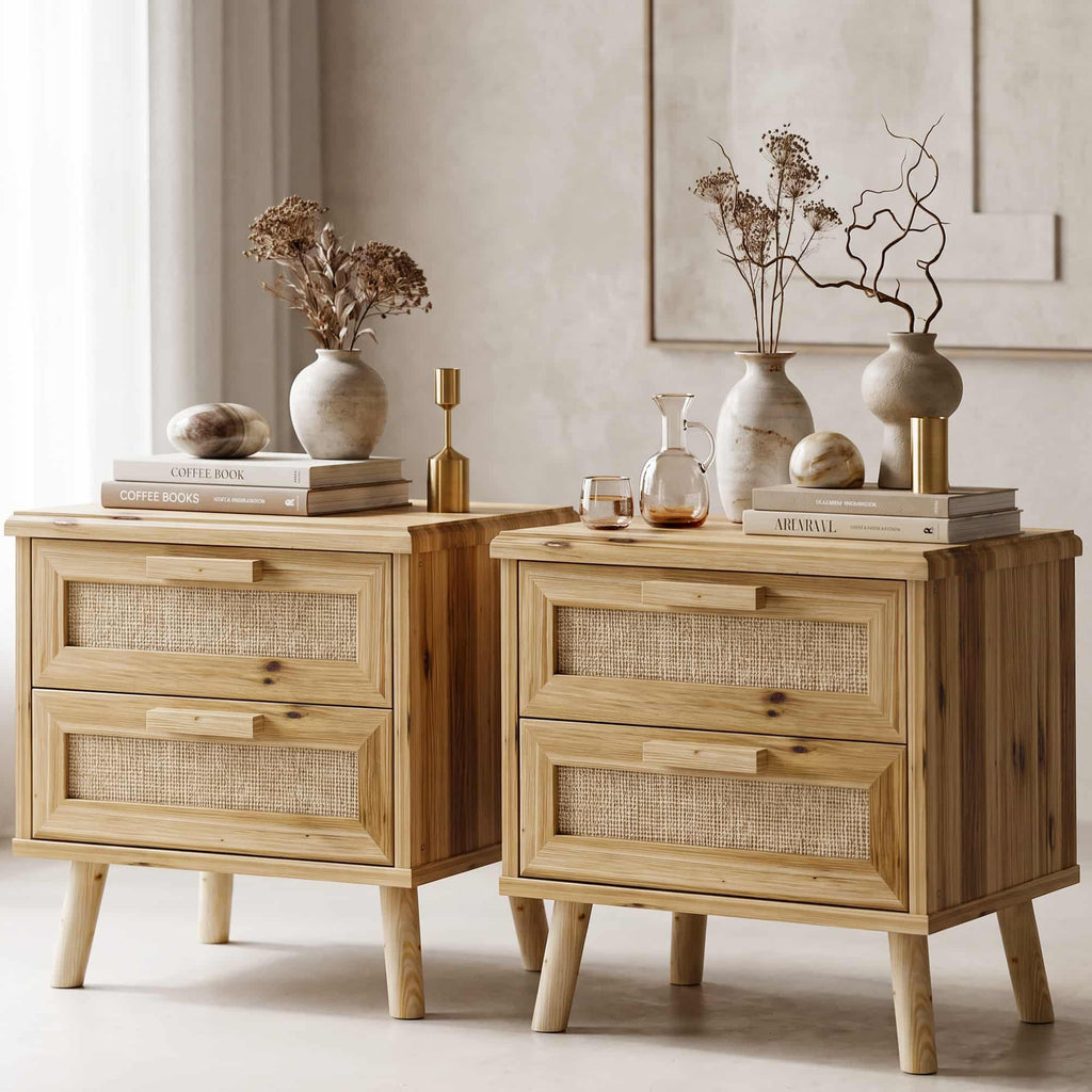 19" Rattan Nightstand Solid Wood with 2 Drawers, Compact Boho Bedside Table, Wood End Table for Bedroom