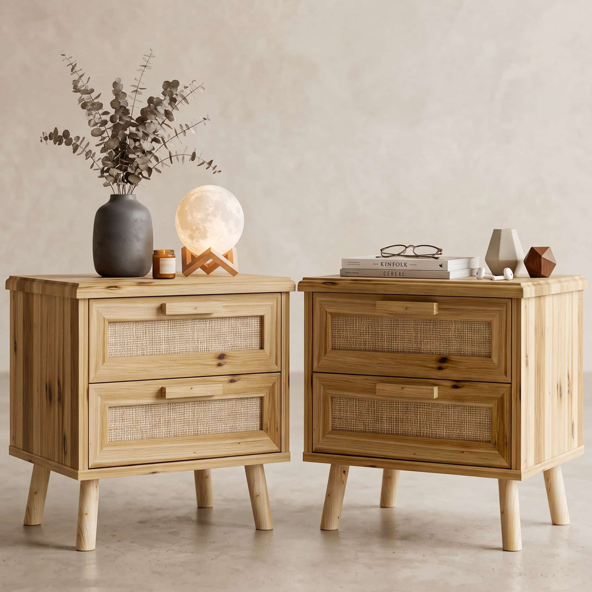 19" Rattan Nightstand Solid Wood with 2 Drawers, Compact Boho Bedside Table, Wood End Table for Bedroom