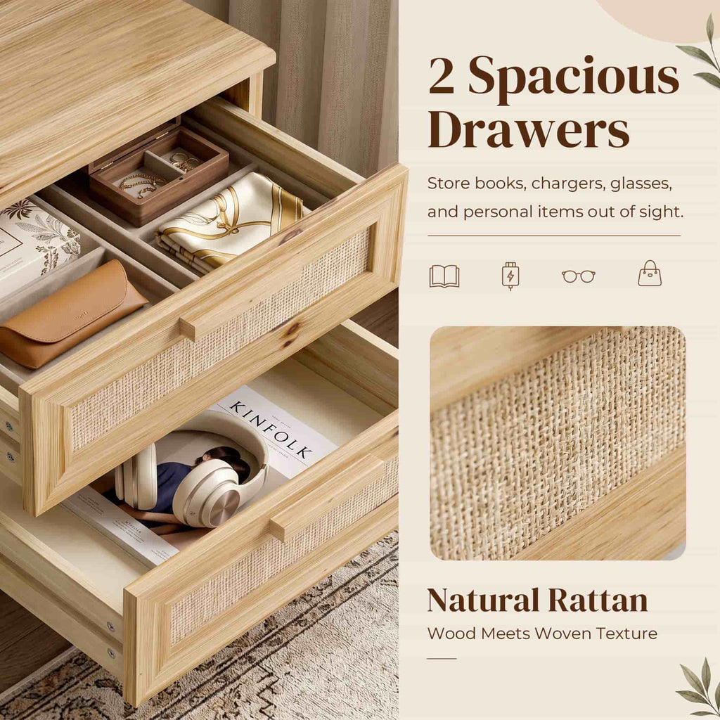 19" Rattan Nightstand Solid Wood with 2 Drawers, Compact Boho Bedside Table, Wood End Table for Bedroom
