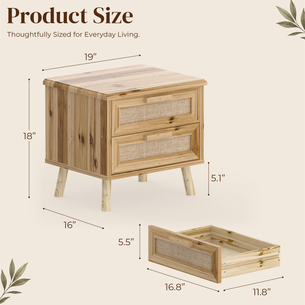 19" Rattan Nightstand Solid Wood with 2 Drawers, Compact Boho Bedside Table, Wood End Table for Bedroom