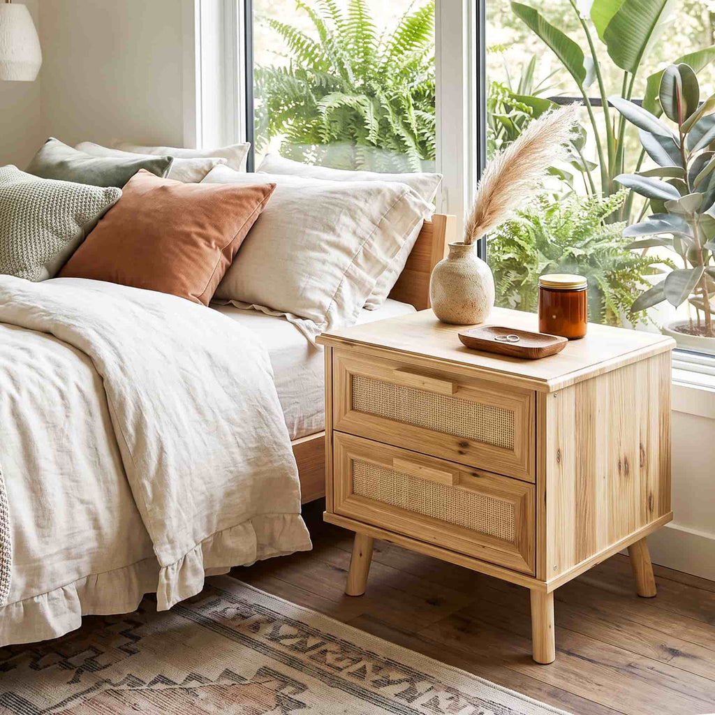 19" Rattan Nightstand Solid Wood with 2 Drawers, Compact Boho Bedside Table, Wood End Table for Bedroom