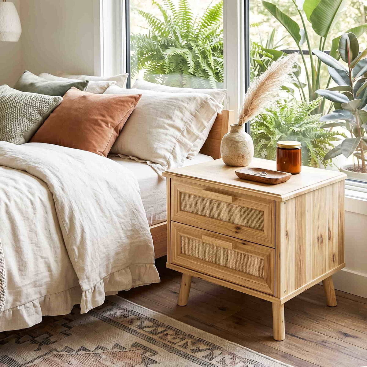 19" Rattan Nightstand Solid Wood with 2 Drawers, Compact Boho Bedside Table, Wood End Table for Bedroom