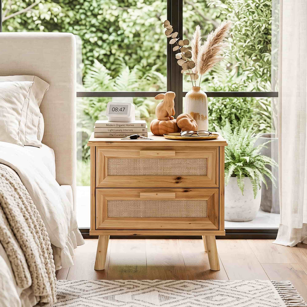 19" Rattan Nightstand Solid Wood with 2 Drawers, Compact Boho Bedside Table, Wood End Table for Bedroom