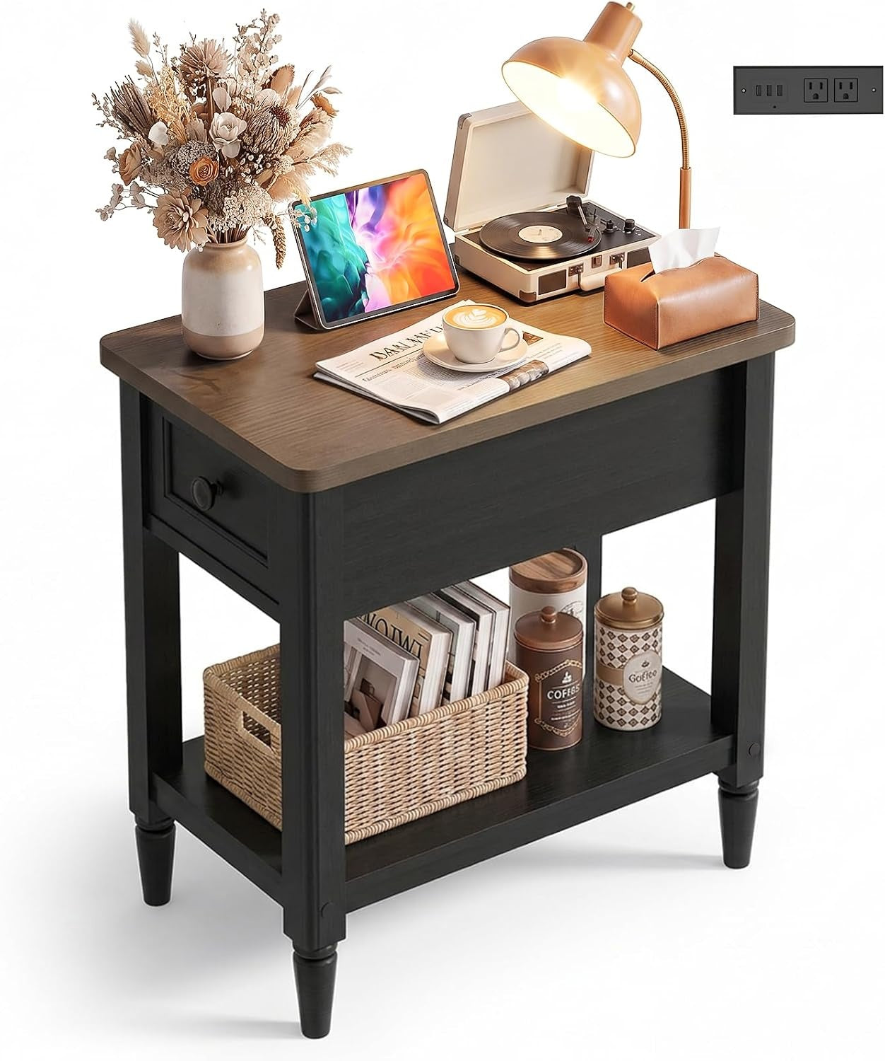 Narrow Side Table with Charging Station, Farmhouse Slim End Table,14" W Couch Bedside Table with Storage Drawer & Shelf, Space Saving Nightstand for Living Room Bedroom