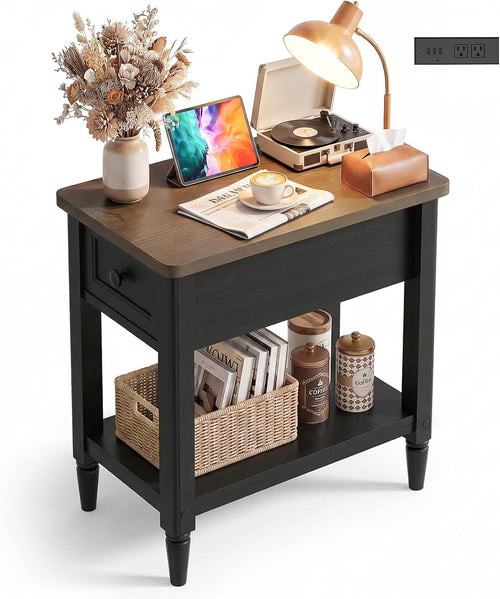 Narrow Side Table with Charging Station, Farmhouse Slim End Table,14" W Couch Bedside Table with Storage Drawer & Shelf, Space Saving Nightstand for Living Room Bedroom