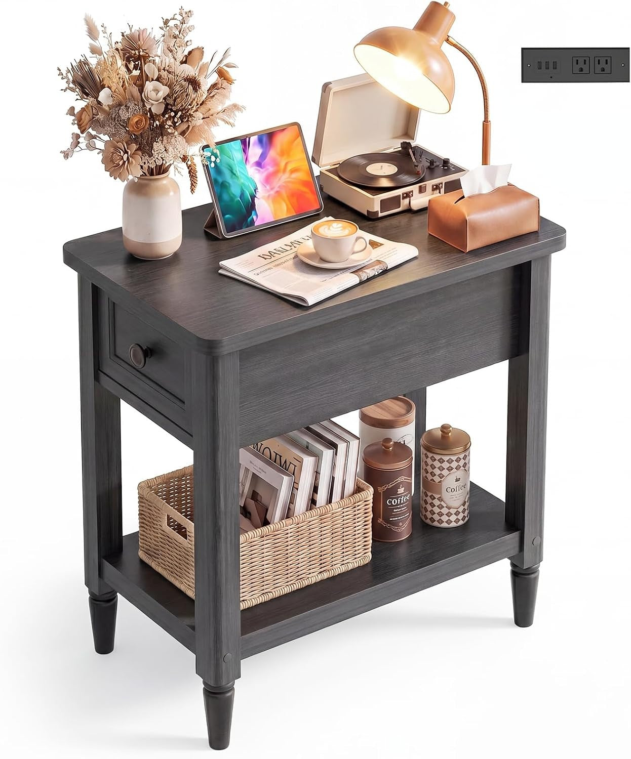 Narrow Side Table with Charging Station, Farmhouse Slim End Table,14" W Couch Bedside Table with Storage Drawer & Shelf, Space Saving Nightstand for Living Room Bedroom