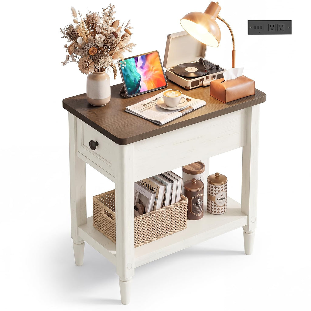 Narrow Side Table with Charging Station, Farmhouse Slim End Table,14" W Couch Bedside Table with Storage Drawer & Shelf, Space Saving Nightstand for Living Room Bedroom