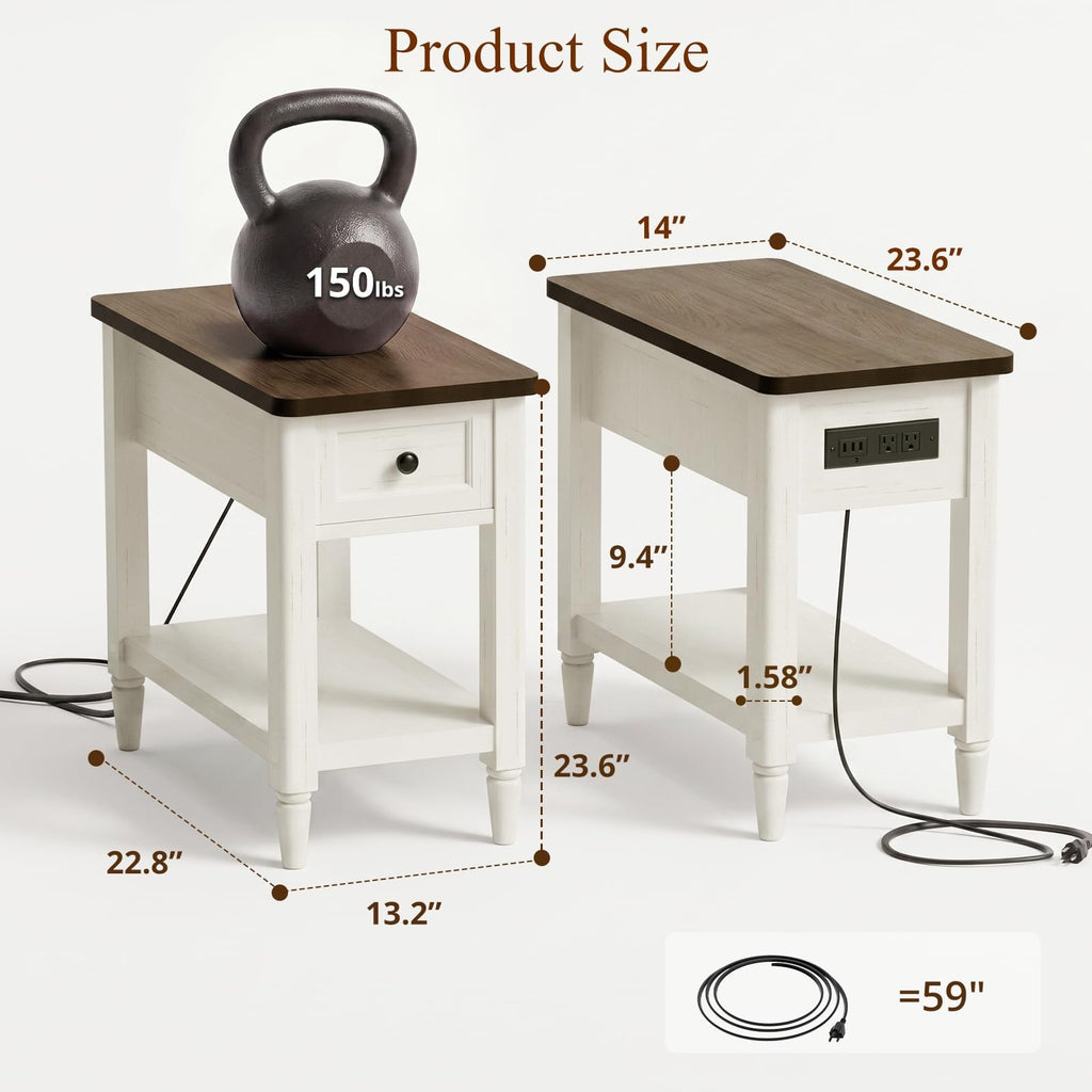 Narrow Side Table with Charging Station, Farmhouse Slim End Table,14" W Couch Bedside Table with Storage Drawer & Shelf, Space Saving Nightstand for Living Room Bedroom
