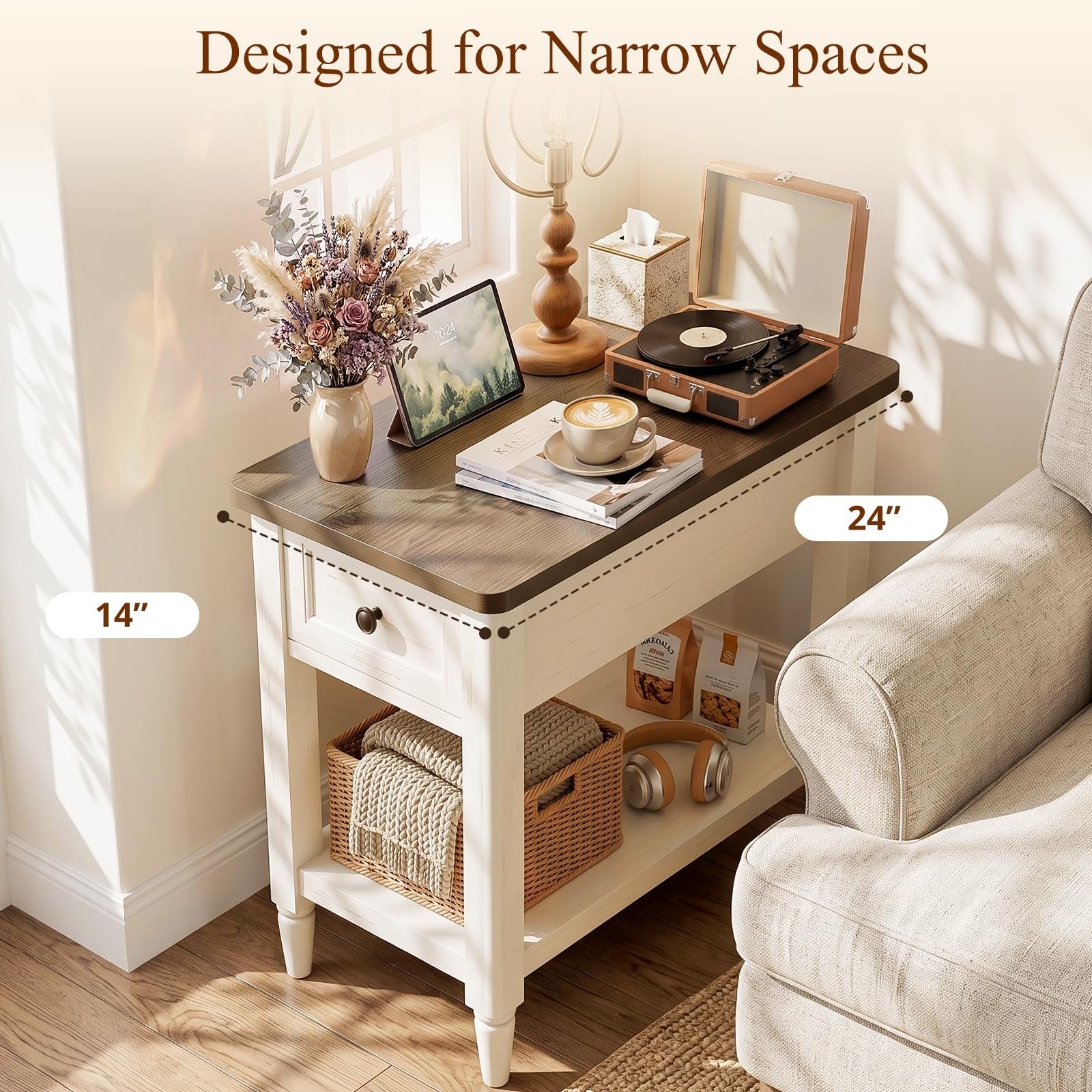 Narrow Side Table with Charging Station, Farmhouse Slim End Table,14" W Couch Bedside Table with Storage Drawer & Shelf, Space Saving Nightstand for Living Room Bedroom