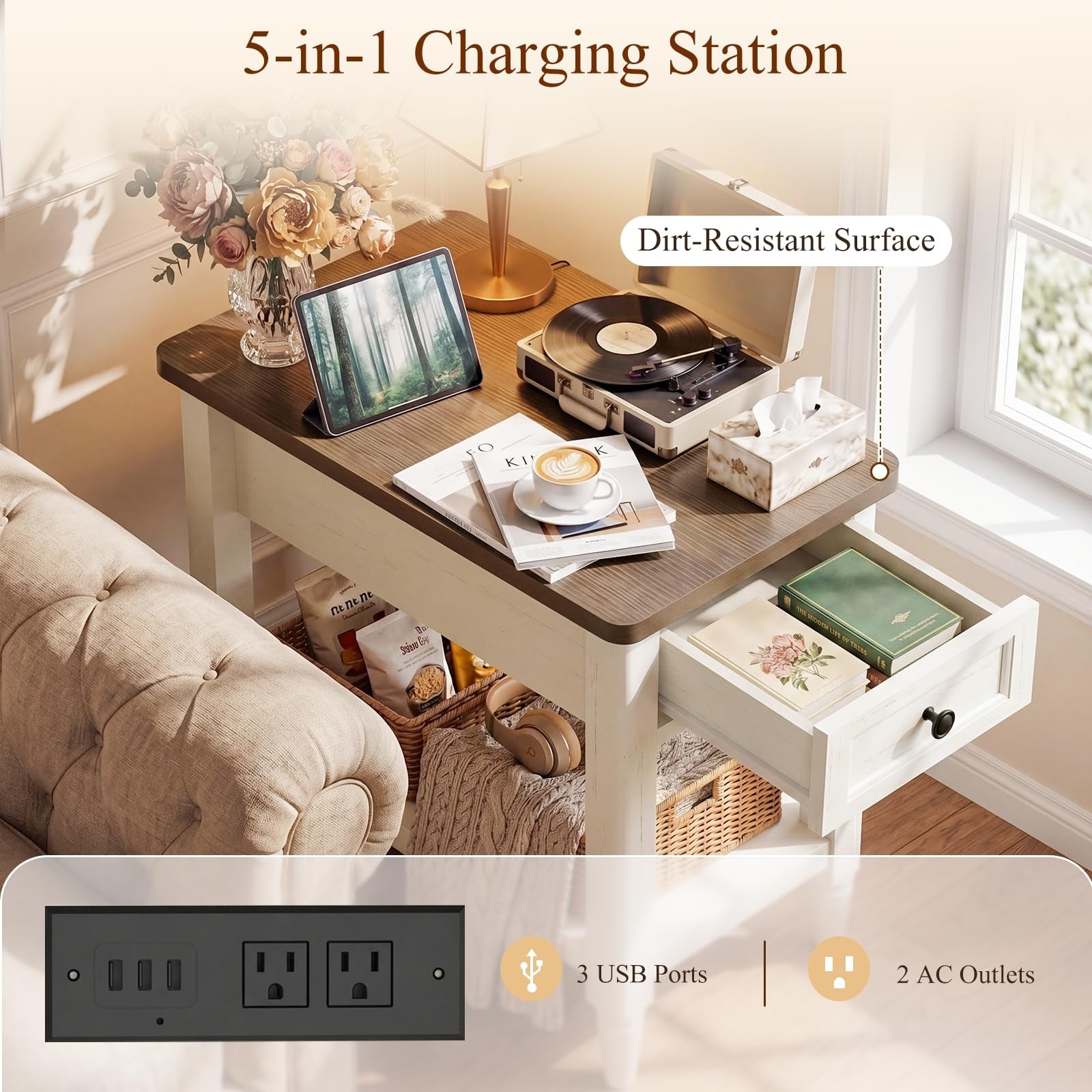 Narrow Side Table with Charging Station, Farmhouse Slim End Table,14" W Couch Bedside Table with Storage Drawer & Shelf, Space Saving Nightstand for Living Room Bedroom