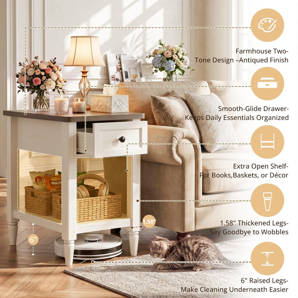 Narrow Side Table with Charging Station, Farmhouse Slim End Table,14" W Couch Bedside Table with Storage Drawer & Shelf, Space Saving Nightstand for Living Room Bedroom