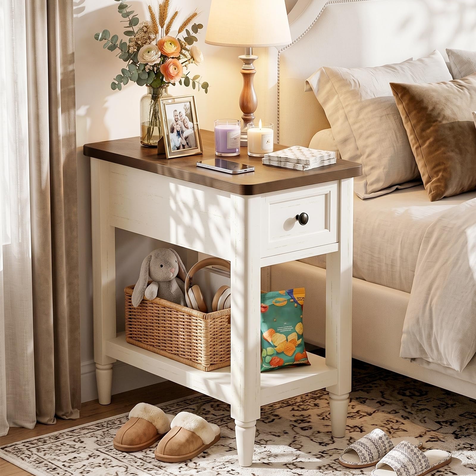 Narrow Side Table with Charging Station, Farmhouse Slim End Table,14" W Couch Bedside Table with Storage Drawer & Shelf, Space Saving Nightstand for Living Room Bedroom