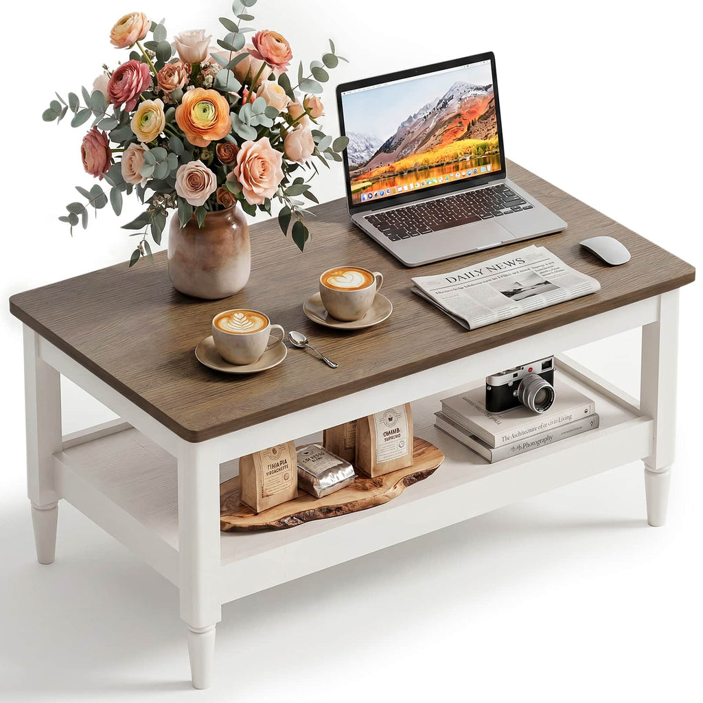 40" Farmhouse Coffee Table for Living Room, 2-Tier Rectangular Center Table with Open Storage Shelf, 300 lb Capacity, Rounded Corners, Robot Vacuum-Friendly Base