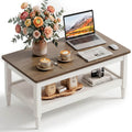 40" Farmhouse Coffee Table for Living Room, 2-Tier Rectangular Center Table with Open Storage Shelf, 300 lb Capacity, Rounded Corners, Robot Vacuum-Friendly Base
