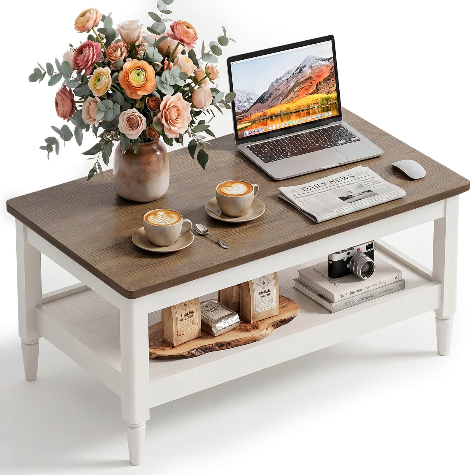 40" Farmhouse Coffee Table for Living Room, 2-Tier Rectangular Center Table with Open Storage Shelf, 300 lb Capacity, Rounded Corners, Robot Vacuum-Friendly Base