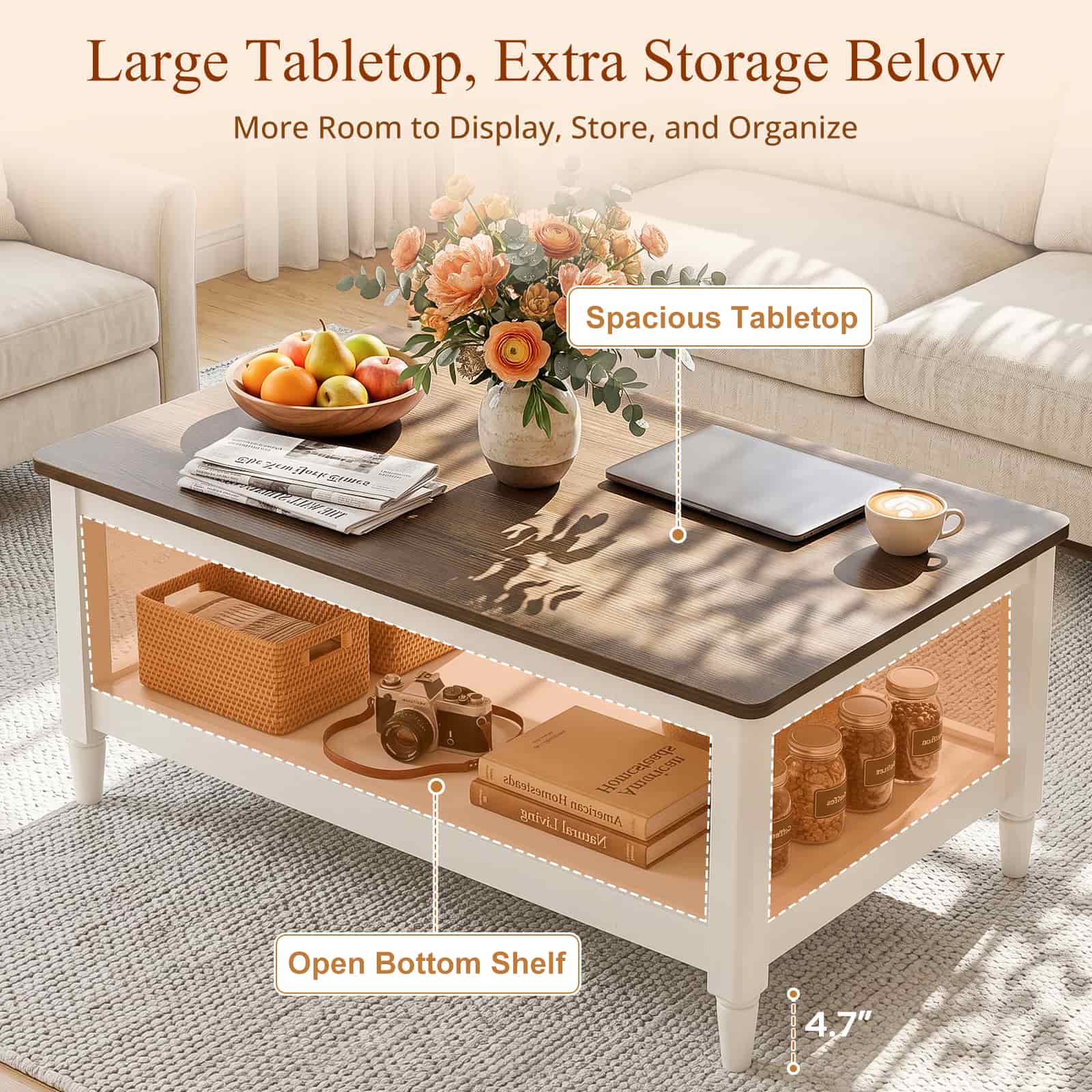 40" Farmhouse Coffee Table for Living Room, 2-Tier Rectangular Center Table with Open Storage Shelf, 300 lb Capacity, Rounded Corners, Robot Vacuum-Friendly Base