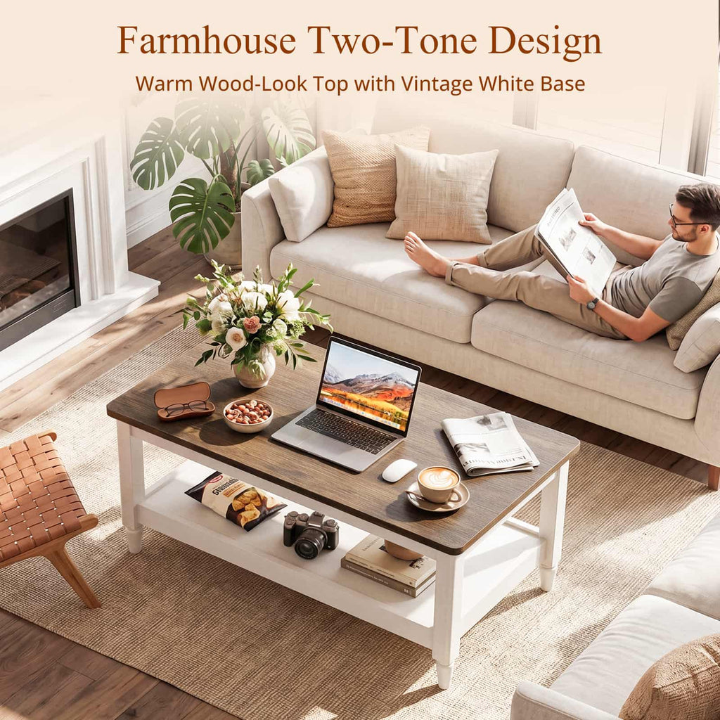 40" Farmhouse Coffee Table for Living Room, 2-Tier Rectangular Center Table with Open Storage Shelf, 300 lb Capacity, Rounded Corners, Robot Vacuum-Friendly Base