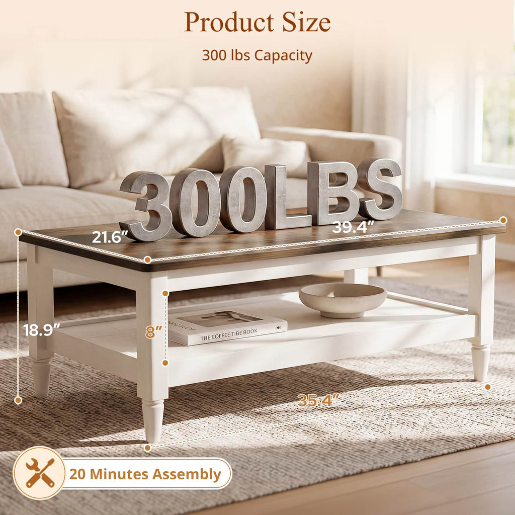 40" Farmhouse Coffee Table for Living Room, 2-Tier Rectangular Center Table with Open Storage Shelf, 300 lb Capacity, Rounded Corners, Robot Vacuum-Friendly Base