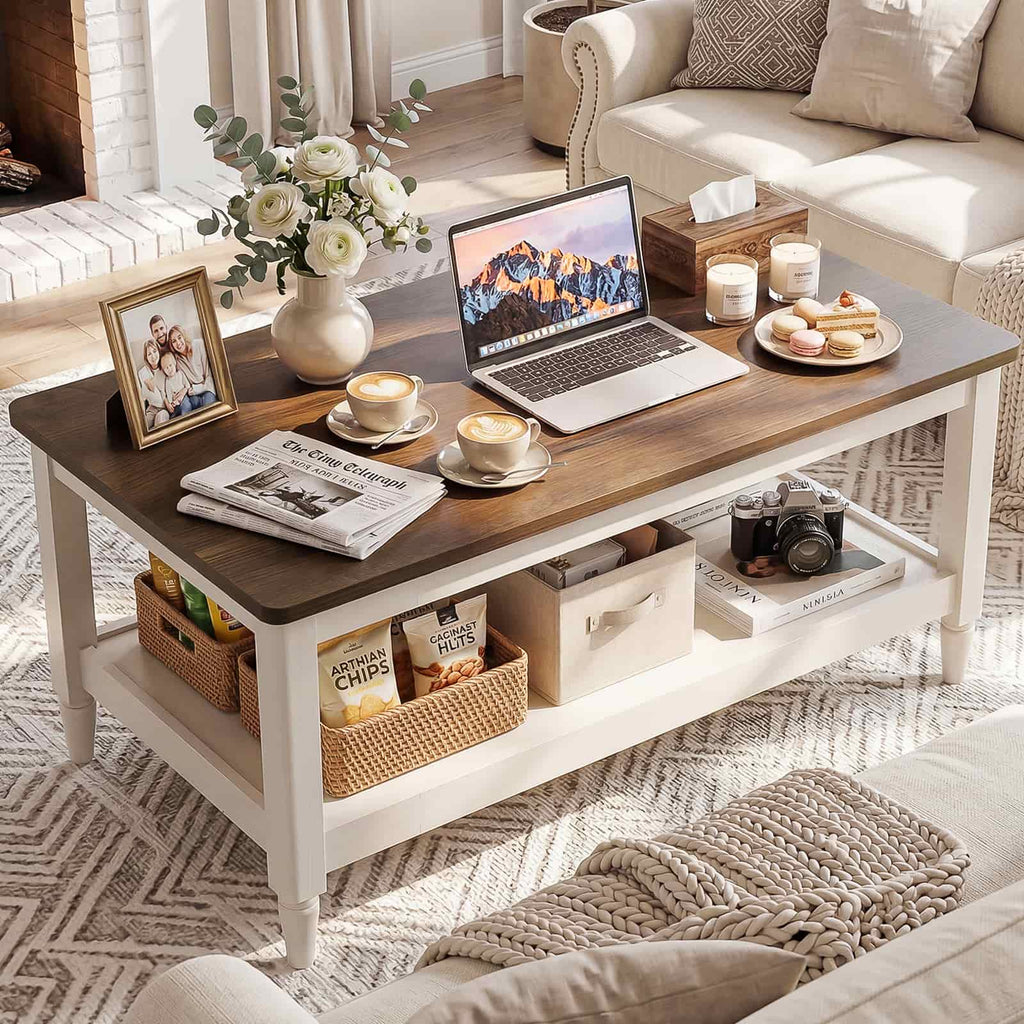 40" Farmhouse Coffee Table for Living Room, 2-Tier Rectangular Center Table with Open Storage Shelf, 300 lb Capacity, Rounded Corners, Robot Vacuum-Friendly Base