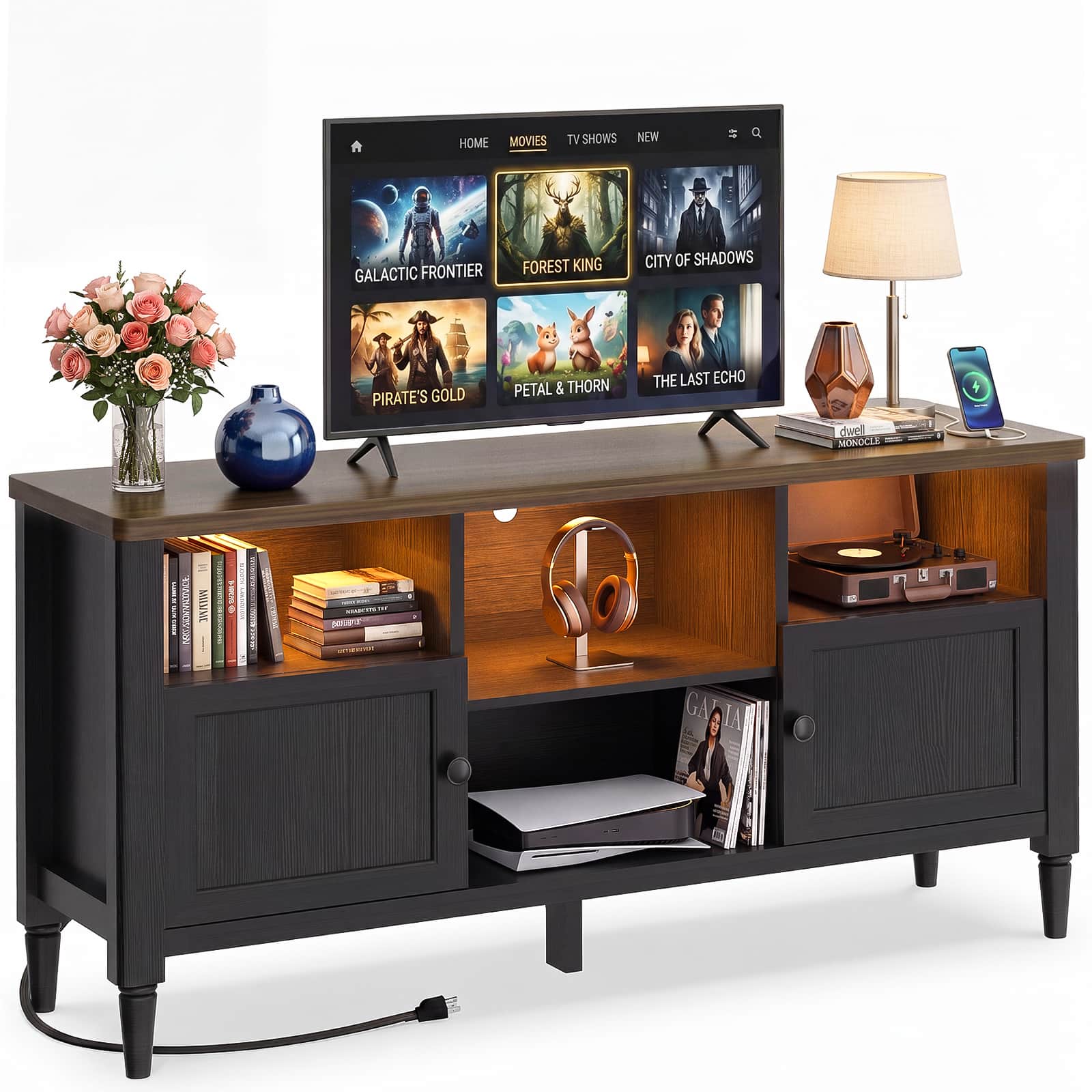 55" Farmhouse TV Stand with LED Lights & AC/USB Outlets, Entertainment Center for TVs up to 65 Inch, Media Console Table with Storage Cabinets for Living Room Bedroom