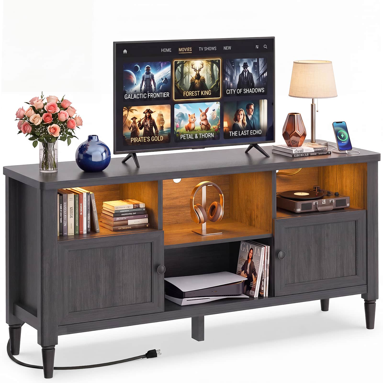 55" Farmhouse TV Stand with LED Lights & AC/USB Outlets, Entertainment Center for TVs up to 65 Inch, Media Console Table with Storage Cabinets for Living Room Bedroom