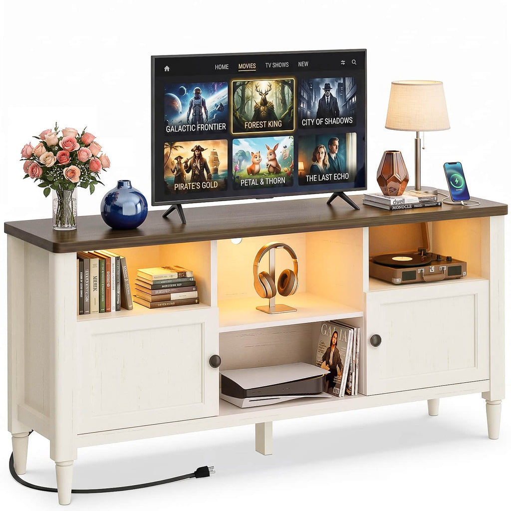 55" Farmhouse TV Stand with LED Lights & AC/USB Outlets, Entertainment Center for TVs up to 65 Inch, Media Console Table with Storage Cabinets for Living Room Bedroom