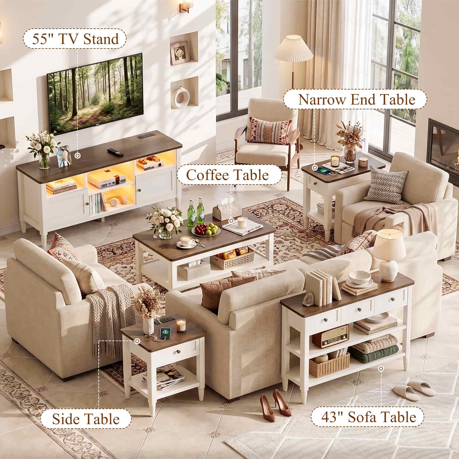 55" Farmhouse TV Stand with LED Lights & AC/USB Outlets, Entertainment Center for TVs up to 65 Inch, Media Console Table with Storage Cabinets for Living Room Bedroom