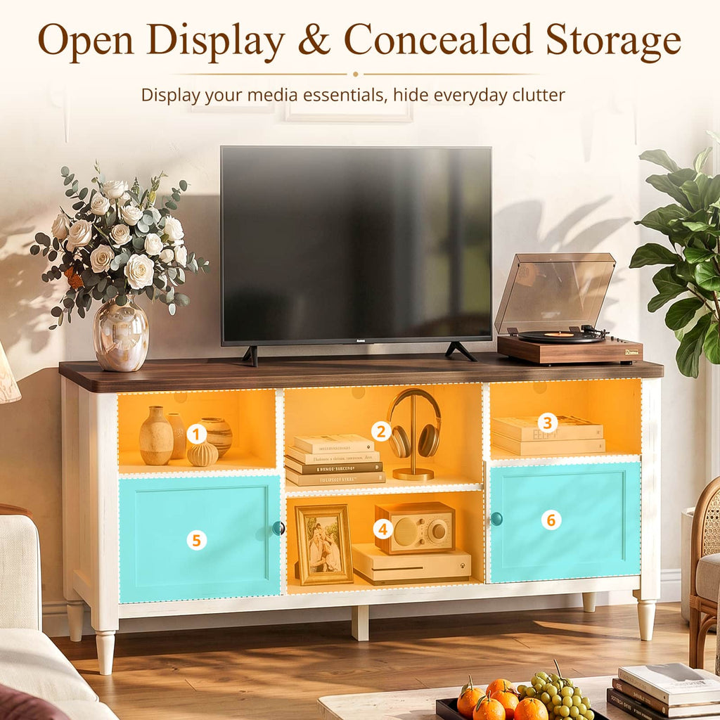 55" Farmhouse TV Stand with LED Lights & AC/USB Outlets, Entertainment Center for TVs up to 65 Inch, Media Console Table with Storage Cabinets for Living Room Bedroom