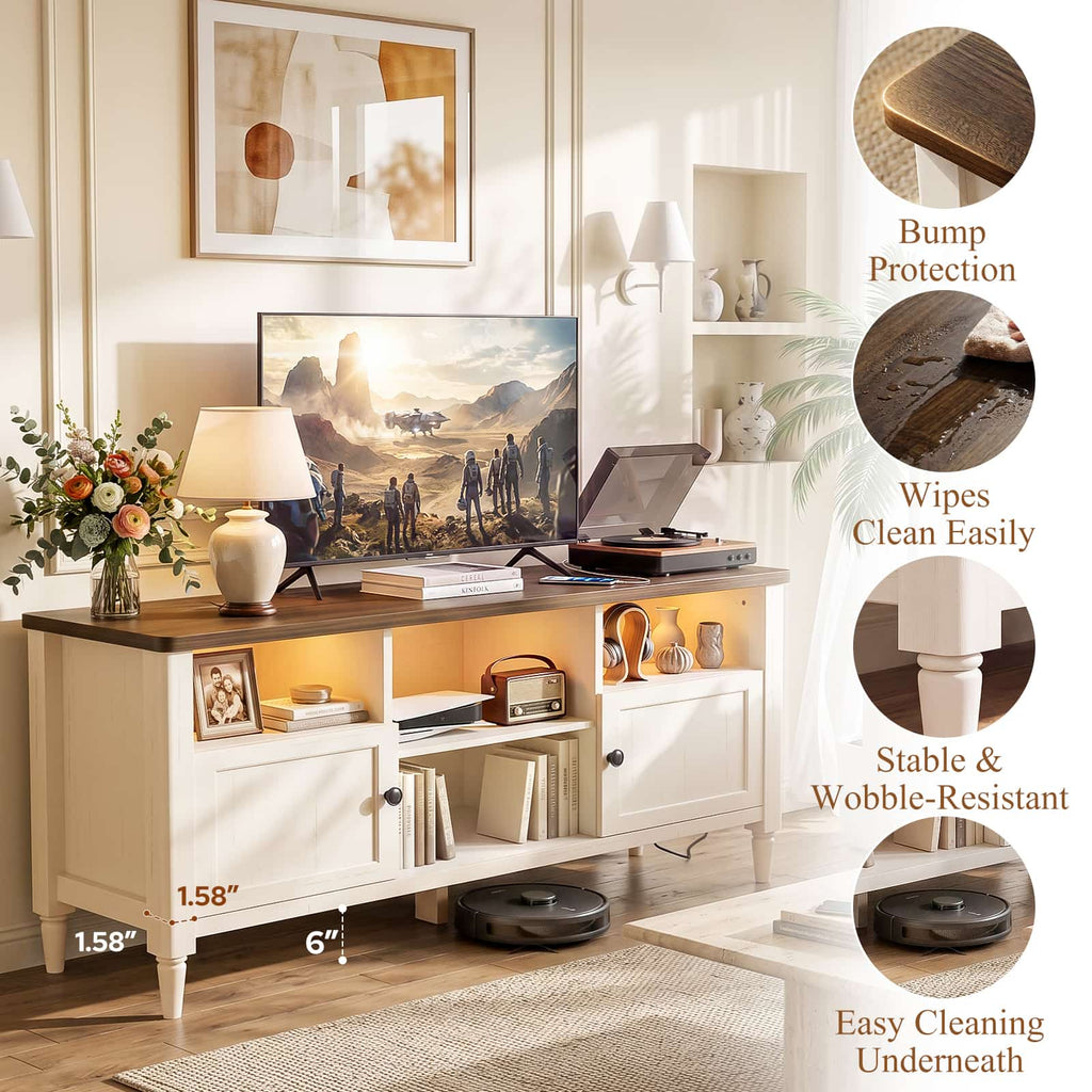 55" Farmhouse TV Stand with LED Lights & AC/USB Outlets, Entertainment Center for TVs up to 65 Inch, Media Console Table with Storage Cabinets for Living Room Bedroom