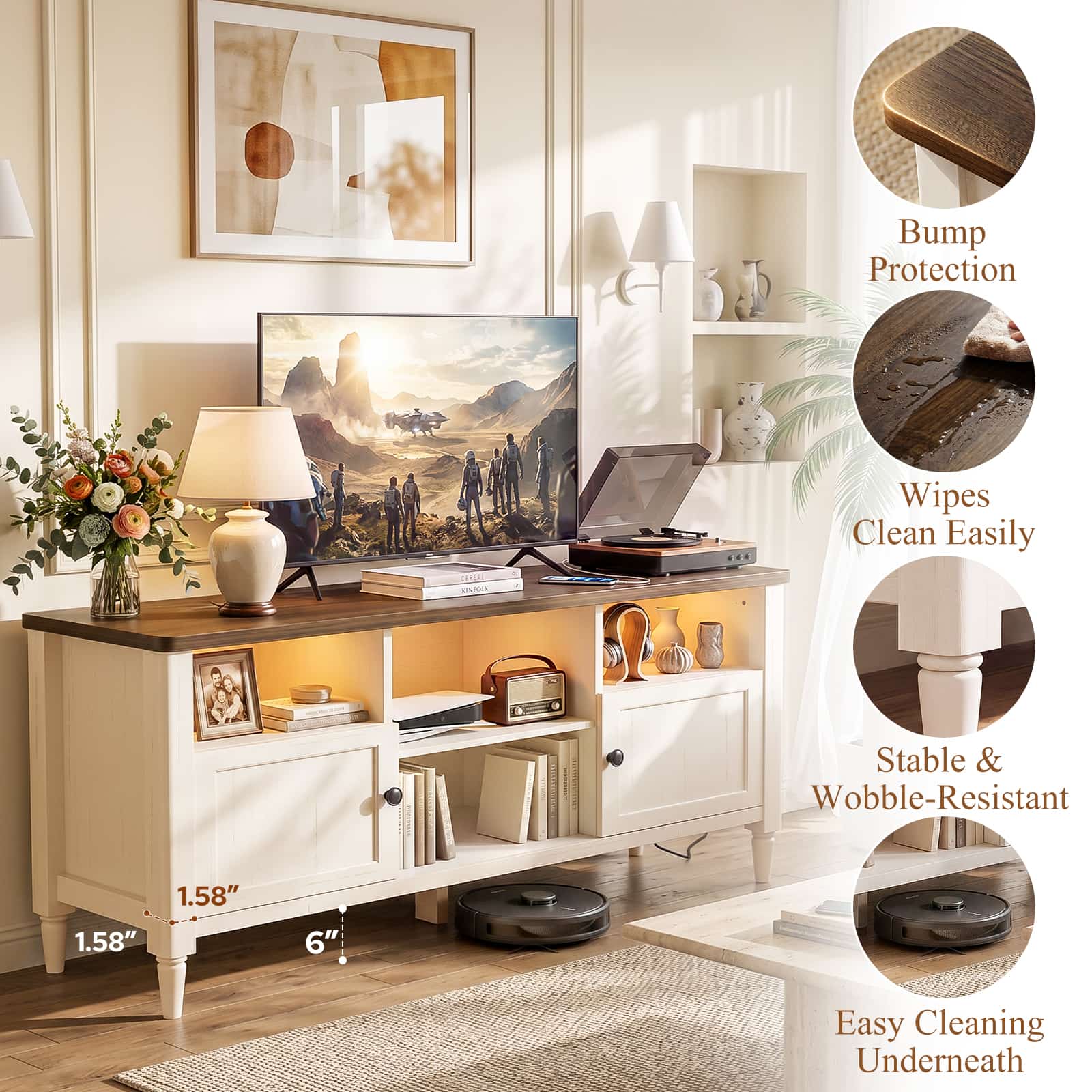 55" Farmhouse TV Stand with LED Lights & AC/USB Outlets, Entertainment Center for TVs up to 65 Inch, Media Console Table with Storage Cabinets for Living Room Bedroom
