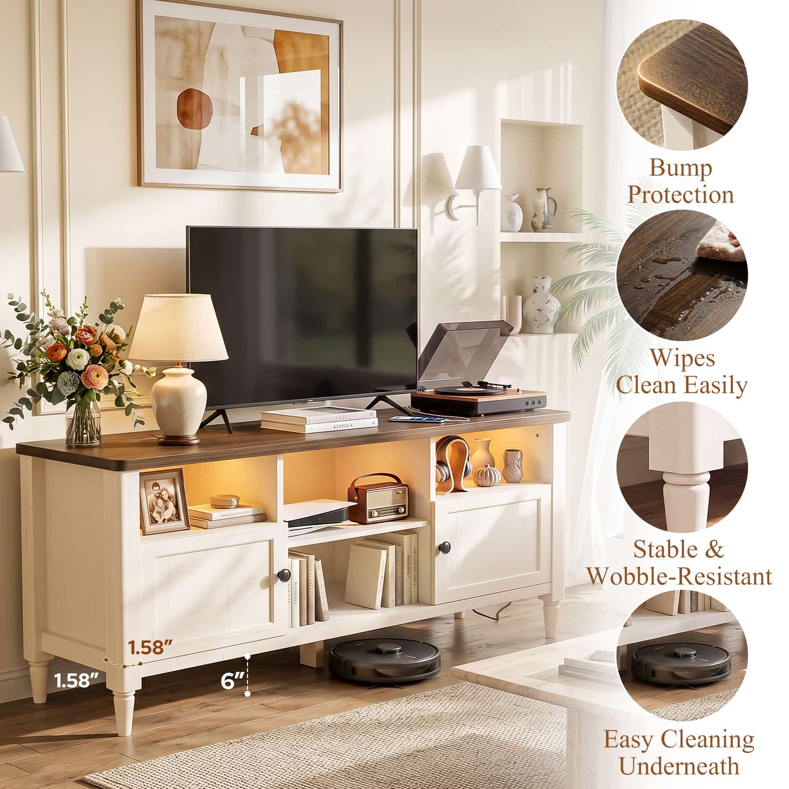 55" Farmhouse TV Stand with LED Lights & AC/USB Outlets, Entertainment Center for TVs up to 65 Inch, Media Console Table with Storage Cabinets for Living Room Bedroom