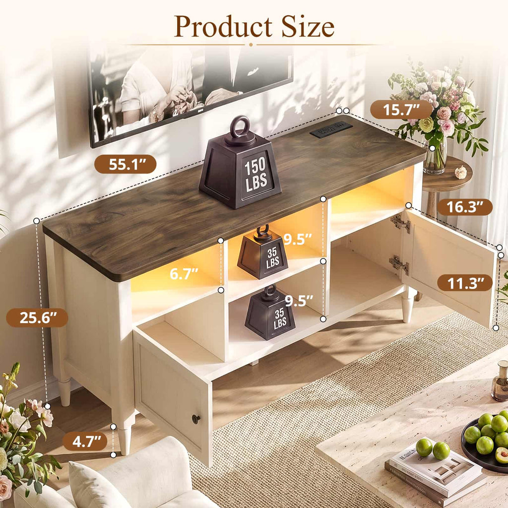 55" Farmhouse TV Stand with LED Lights & AC/USB Outlets, Entertainment Center for TVs up to 65 Inch, Media Console Table with Storage Cabinets for Living Room Bedroom