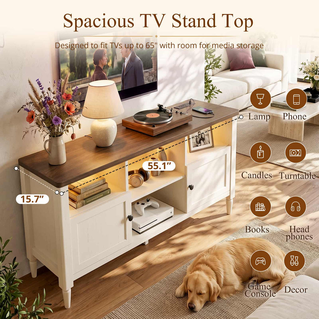 55" Farmhouse TV Stand with LED Lights & AC/USB Outlets, Entertainment Center for TVs up to 65 Inch, Media Console Table with Storage Cabinets for Living Room Bedroom
