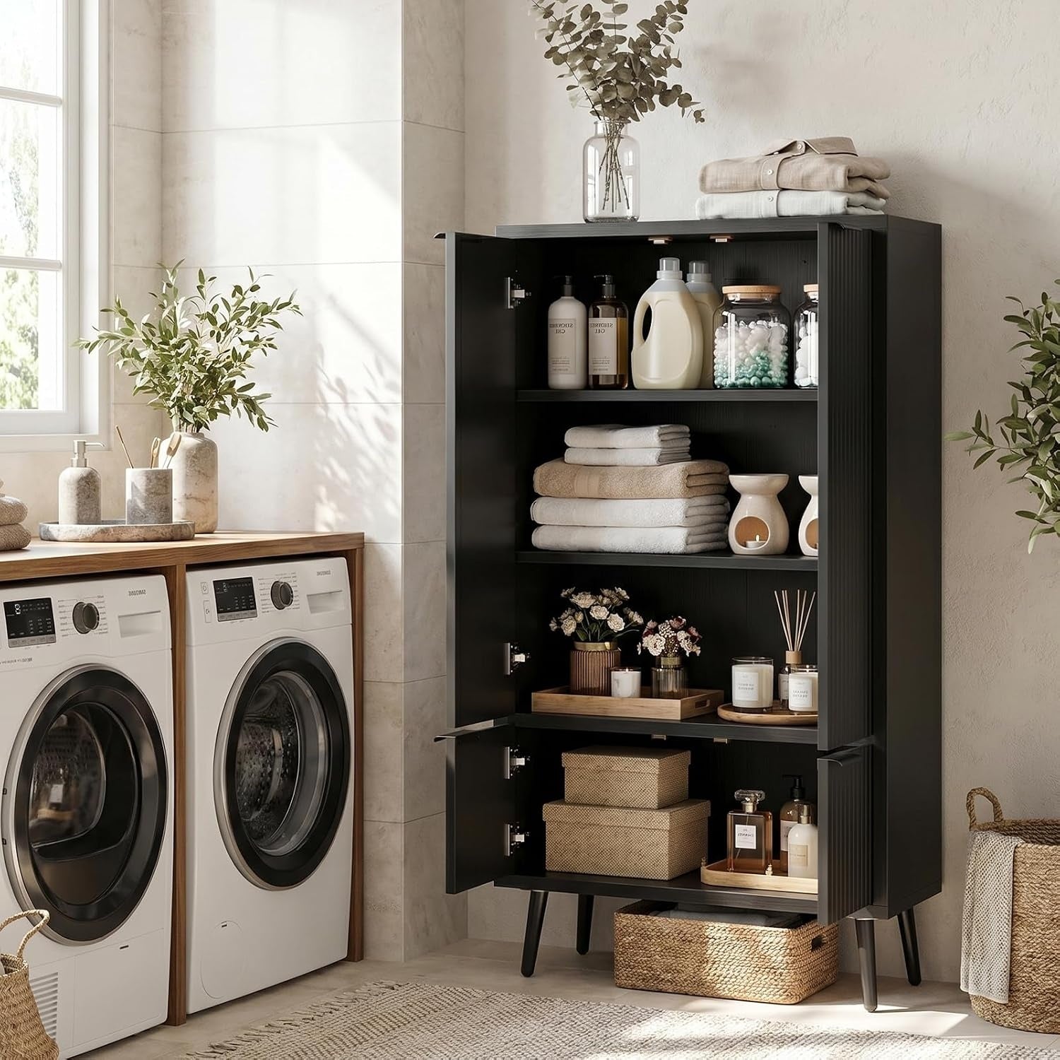 Bathroom Storage Cabinet, 51.2" H Freestanding Pantry Cabinet with 4 Doors, Adjustable Shelf & Raised Legs for Bathroom, Kitchen, Living Room, White