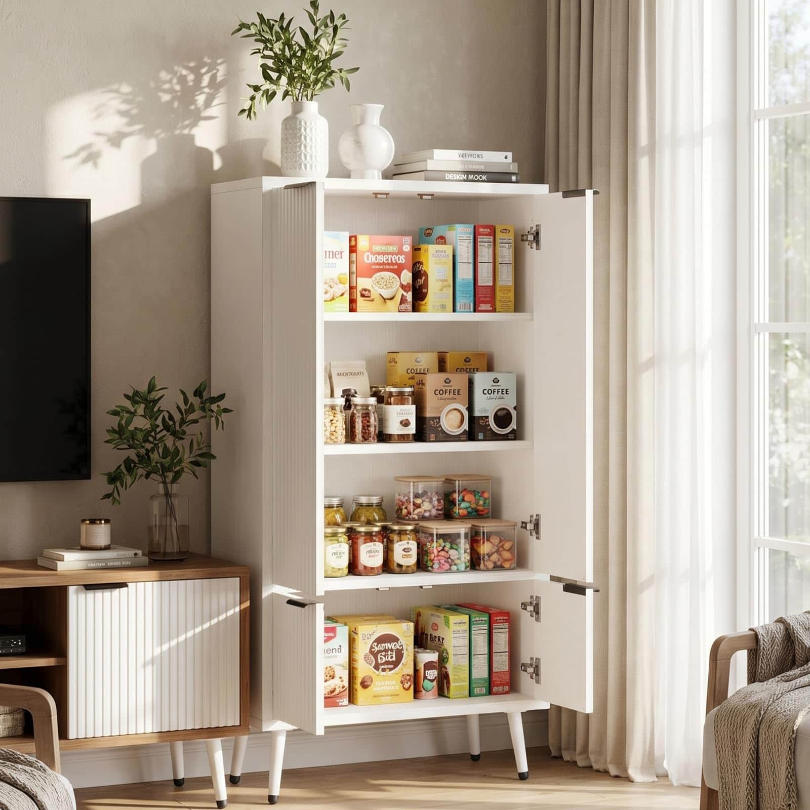 Bathroom Storage Cabinet Set of 2, 47.2" Wide Freestanding Pantry Cabinet with 8 Doors, Adjustable Shelf & Raised Legs for Bathroom, Kitchen, Living Room