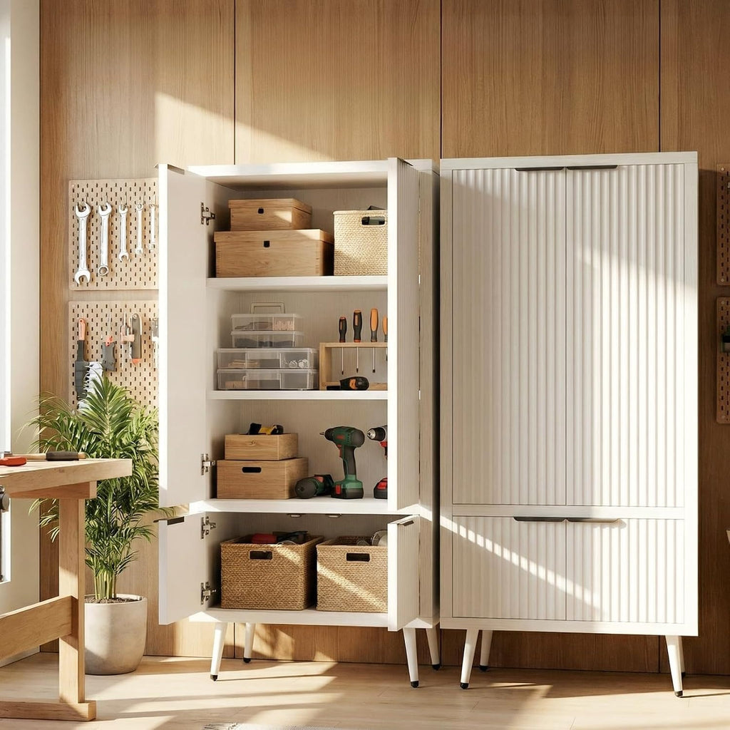 Bathroom Storage Cabinet, 51.2" H Freestanding Pantry Cabinet with 4 Doors, Adjustable Shelf & Raised Legs for Bathroom, Kitchen, Living Room, White