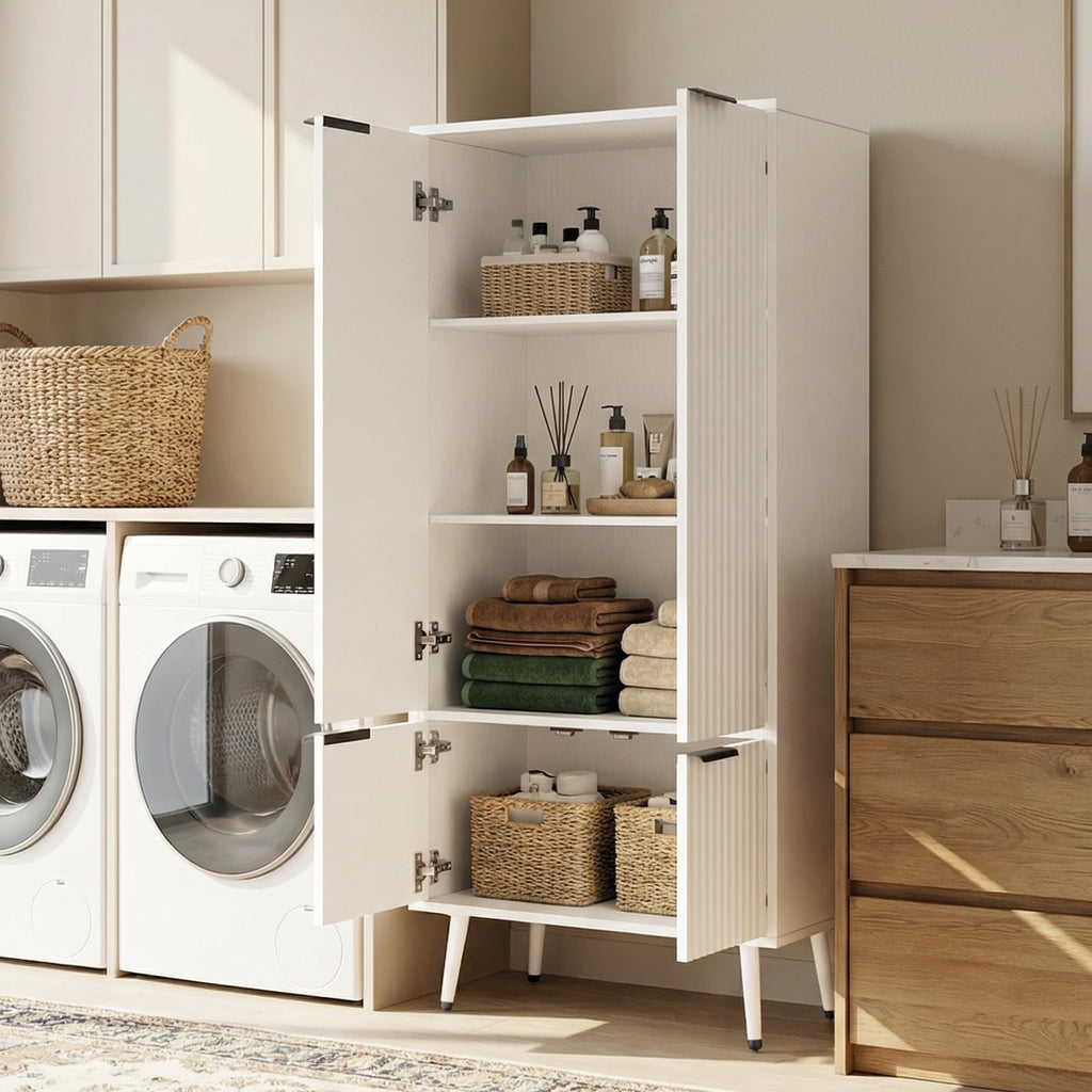Bathroom Storage Cabinet, 51.2" H 5-Tier Freestanding Pantry Cabinet with 3 Extra-Large Drawers & Open Shelf, Fluted Floor Organizer Cupboard for Kitchen, Living Room, Anti-Tip, White