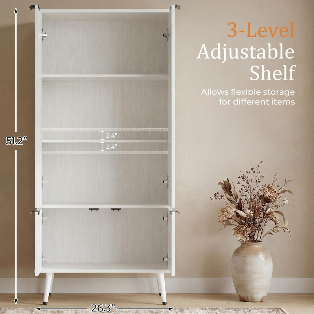 Bathroom Storage Cabinet, 51.2" H Freestanding Pantry Cabinet with 4 Doors, Adjustable Shelf & Raised Legs for Bathroom, Kitchen, Living Room, White