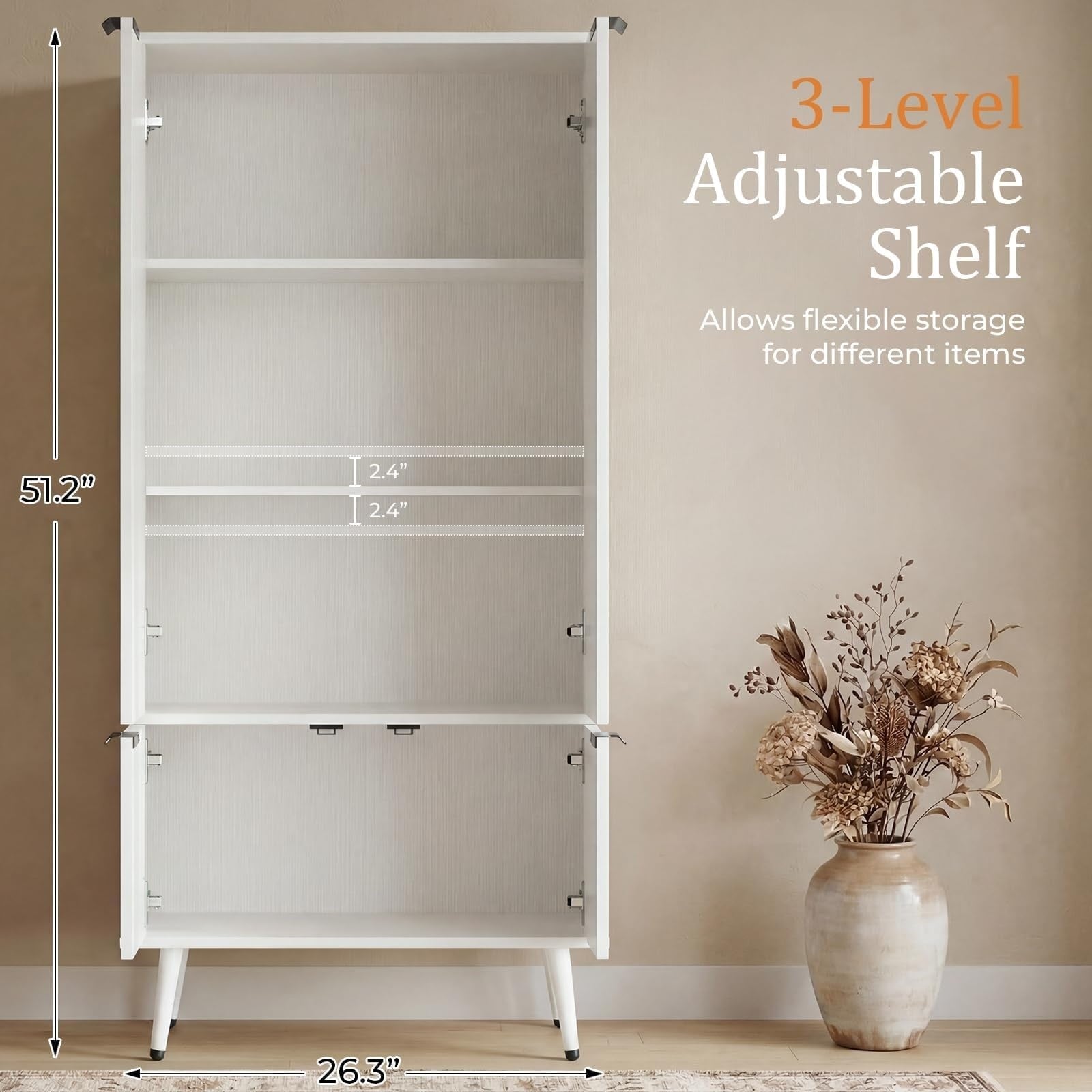 Bathroom Storage Cabinet, 51.2" H Freestanding Pantry Cabinet with 4 Doors, Adjustable Shelf & Raised Legs for Bathroom, Kitchen, Living Room, White